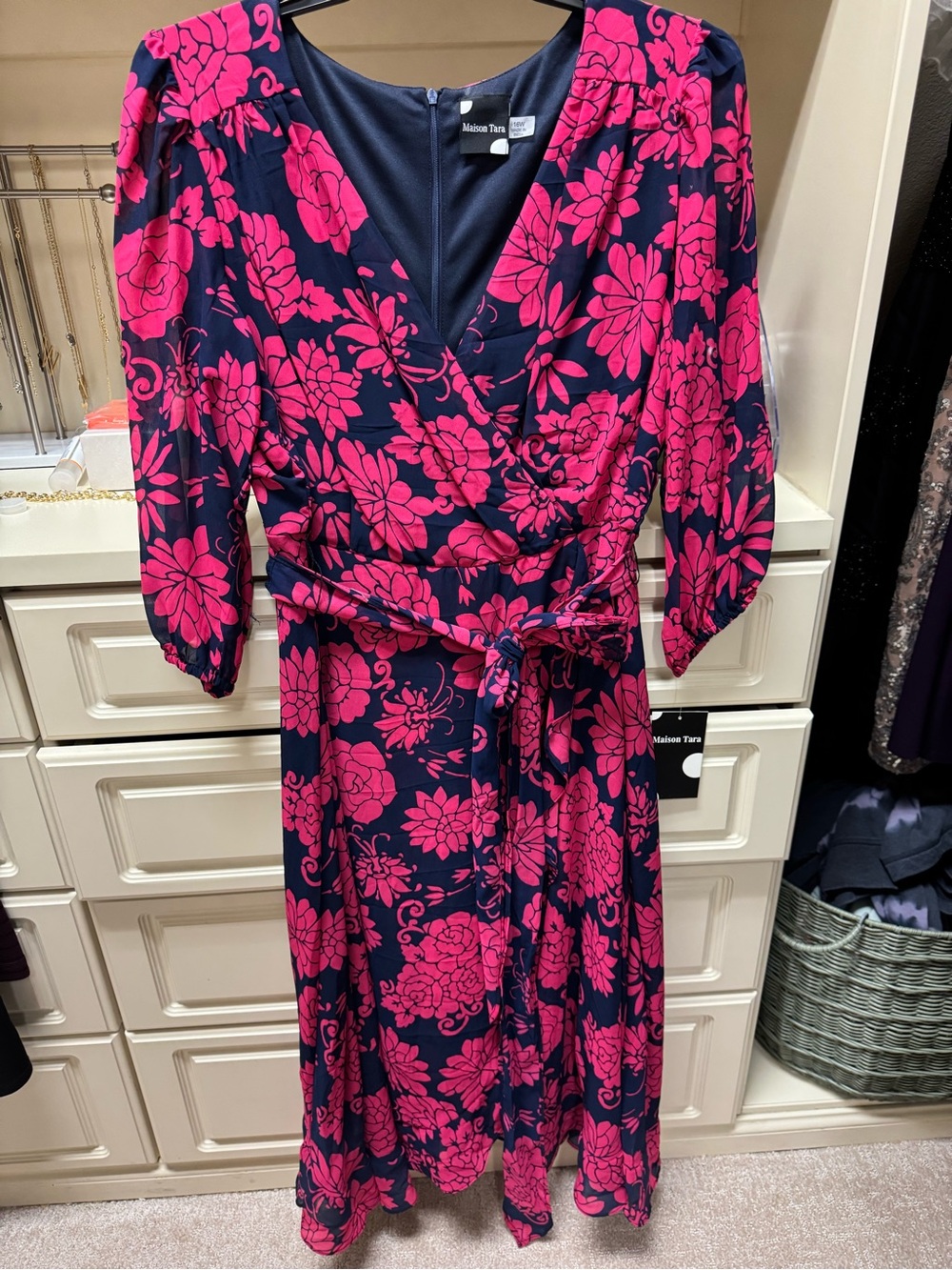 Maison Tara Navy Dress with Hot Pink Floral Print